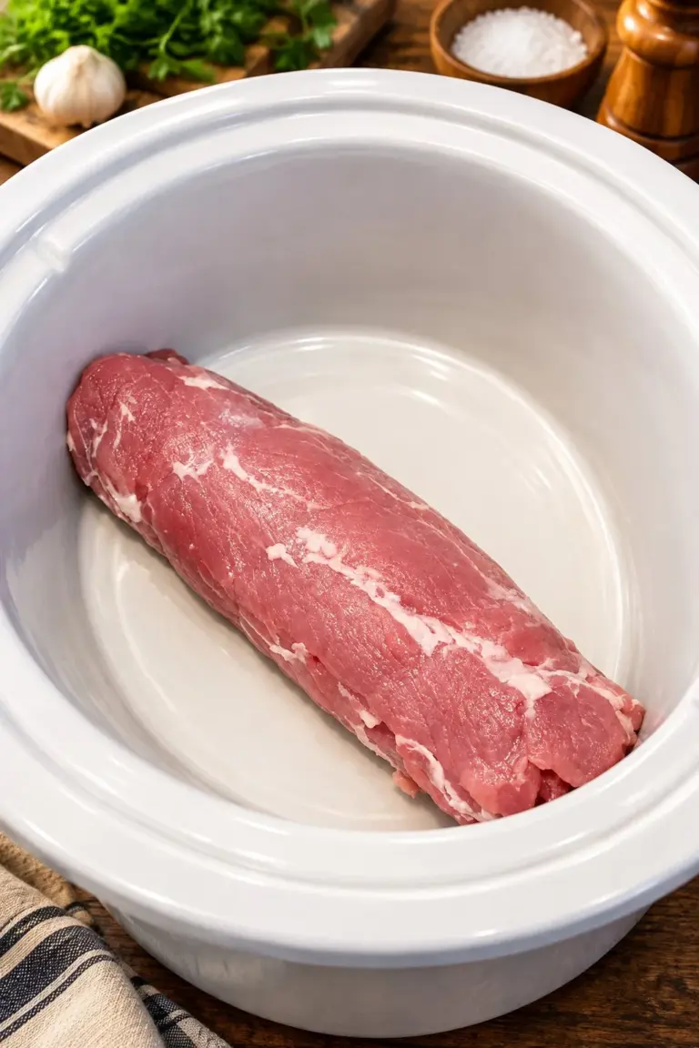 Slow cooker 4-ingredient pork tenderloin dish ready to serve.