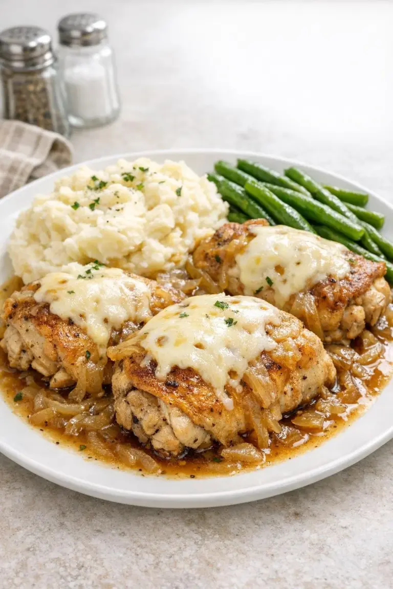 Delicious Slow Cooker French Onion Chicken with bone-in thighs