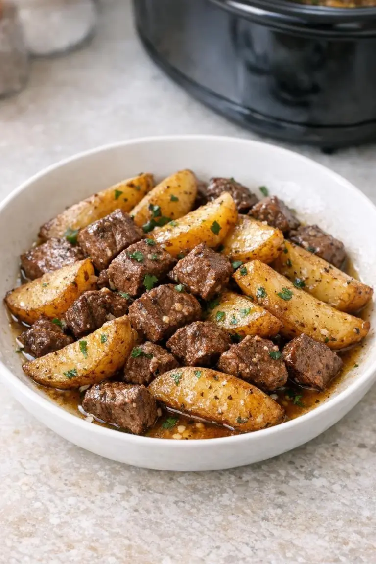 Slow Cooker Garlic Butter Steak and Potatoes dish ready to serve