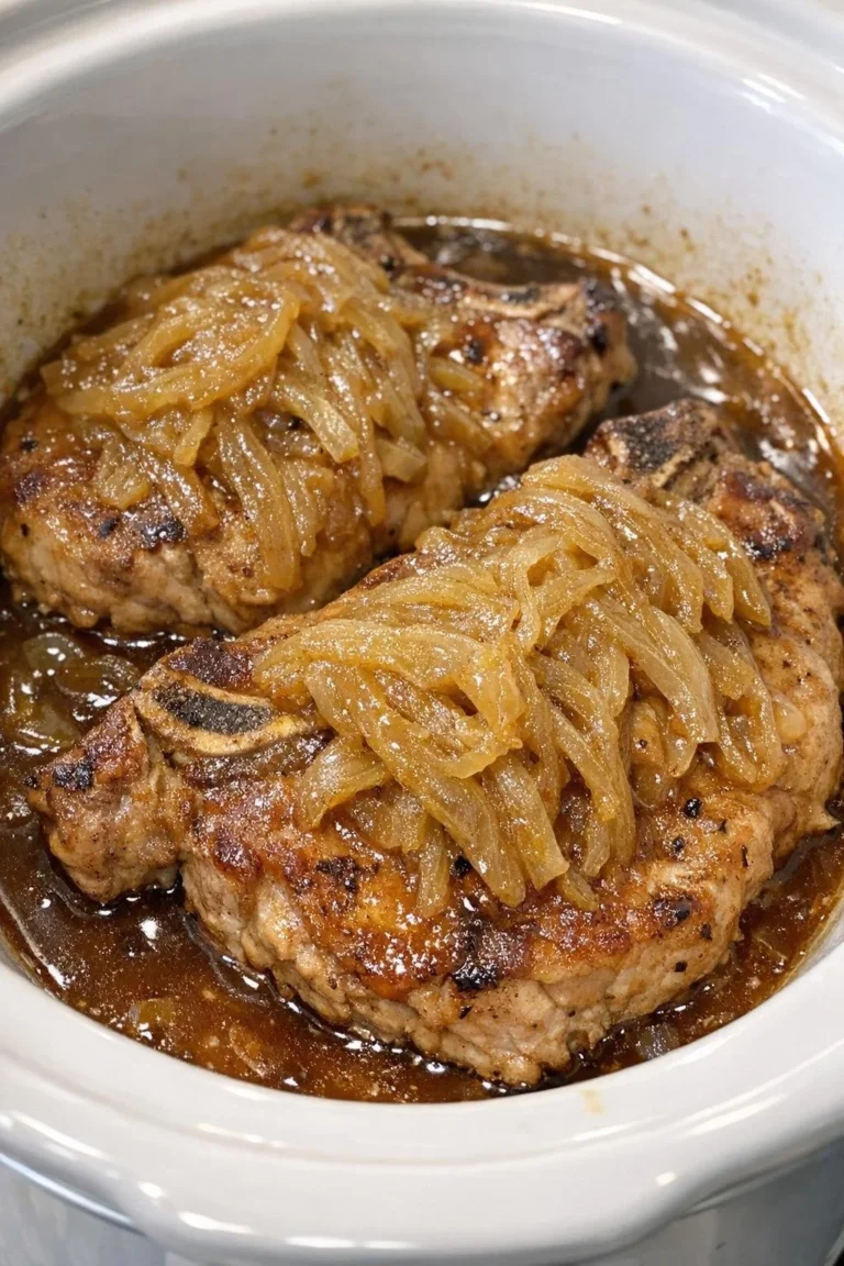 Slow cooker glazed onion pork chops served on a plate with vegetables