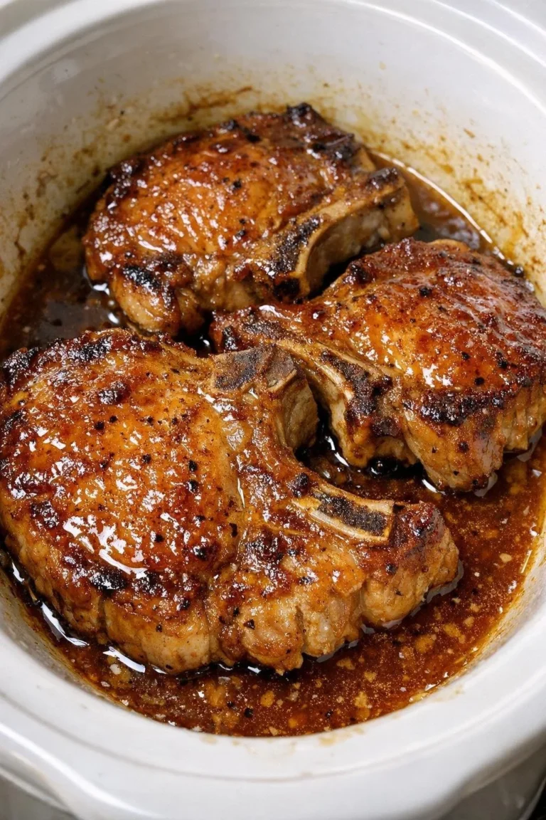 Slow cooker Maple Dijon pork chops garnished and served on a plate