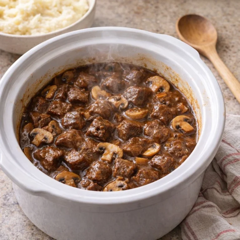 Slow cooker mushroom beef tips made with four simple ingredients.