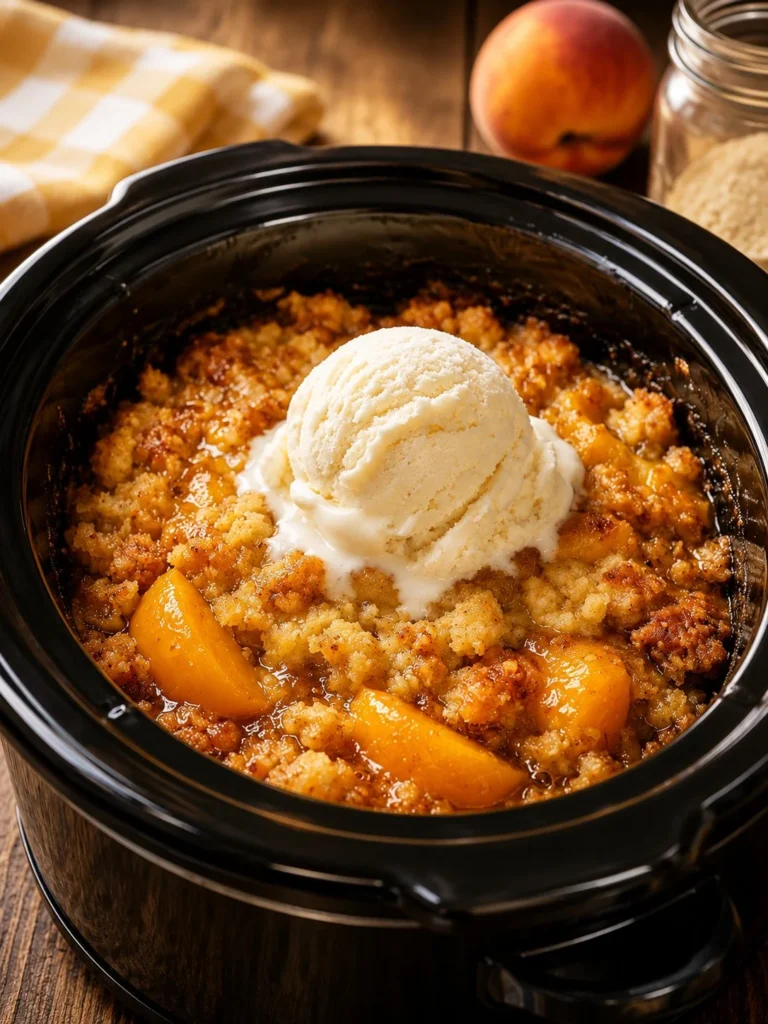 Delicious slow cooker peach dump cake made with just 4 ingredients.