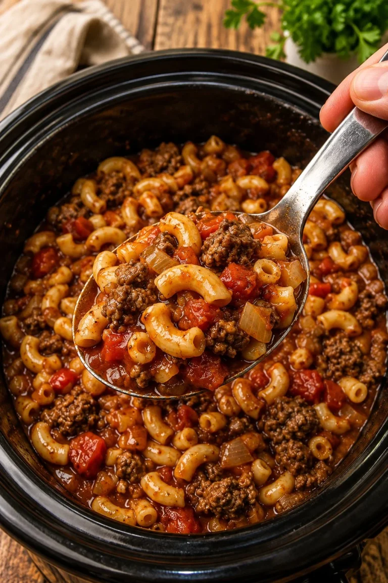 Slow Cooker 4-Ingredient Poor Man Goulash in a bowl with fresh herbs
