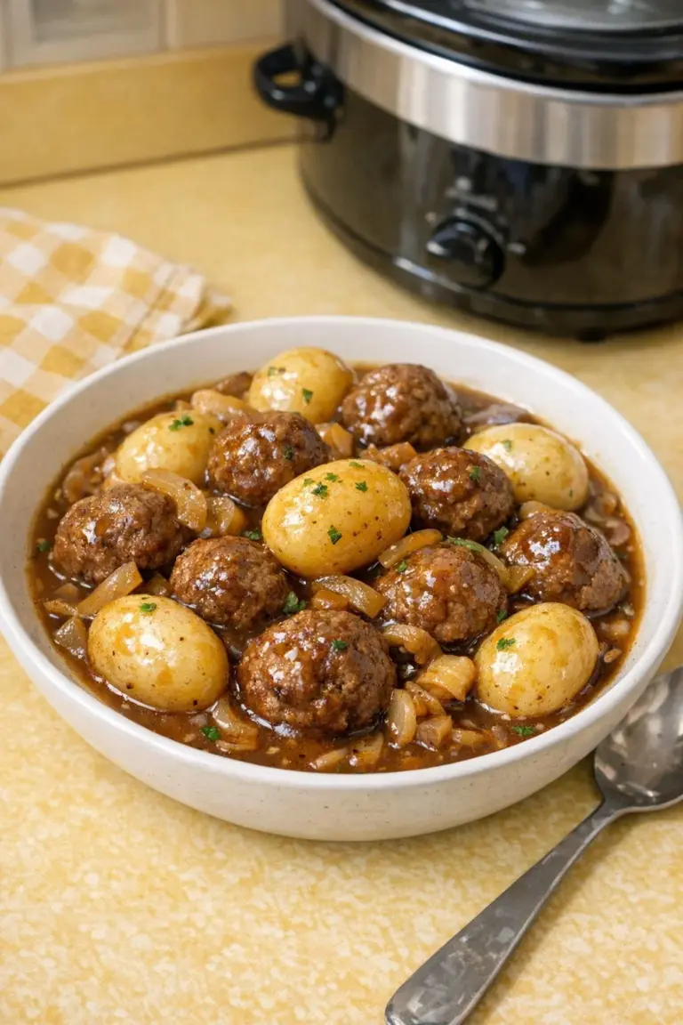 Delicious Slow Cooker 4-Ingredient Poor Man's July Meatballs served in a bowl.