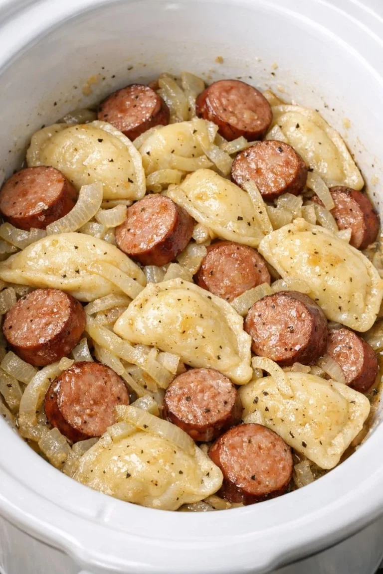 Slow cooker sausage and pierogies dish ready to serve
