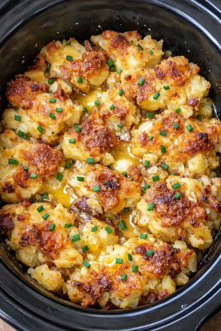 Creamy slow cooker smashed potato bake with four simple ingredients