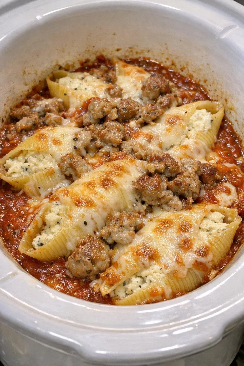 Delicious slow cooker stuffed shells with cheese and tomato sauce