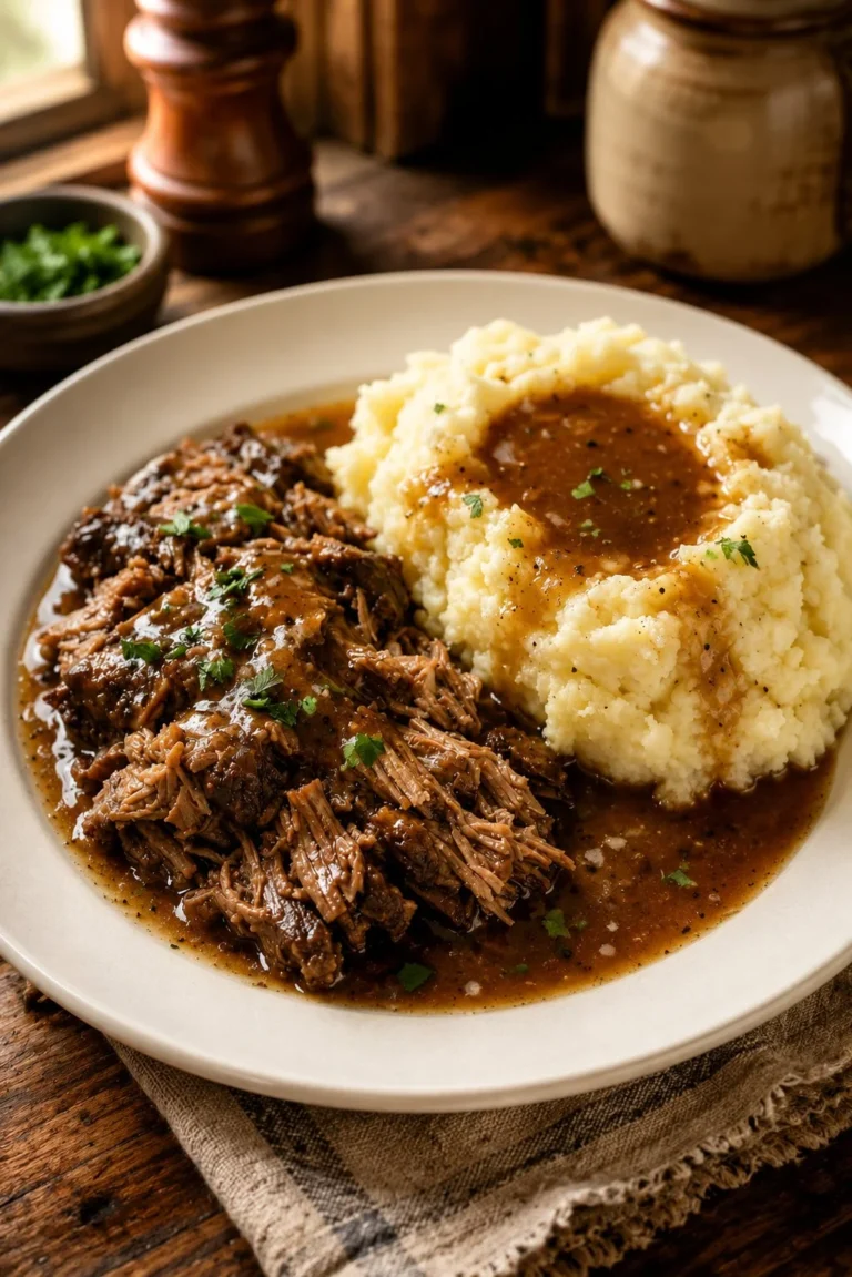 Slow Cooker 5-Ingredient Amish Brown Gravy Beef served with mashed potatoes.