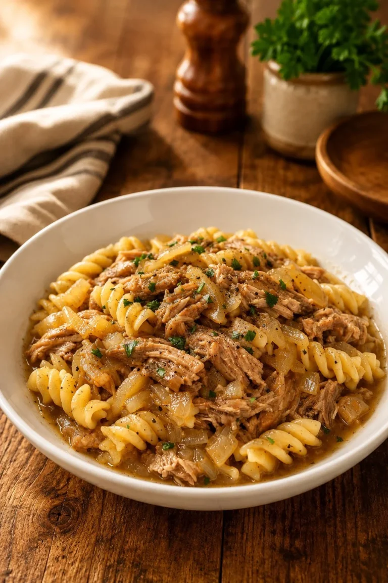Delicious bowl of Slow Cooker 5-Ingredient Amish Onion Soup with Pork and Pasta