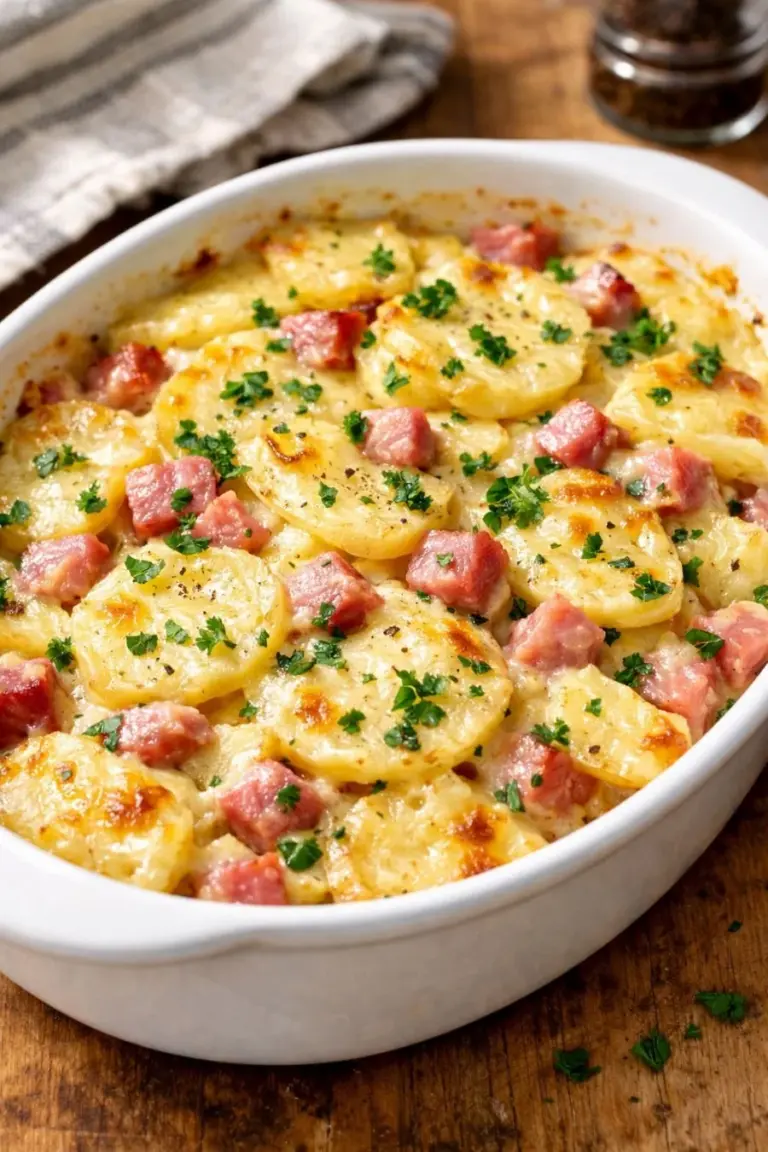 Slow Cooker Amish Scalloped Potatoes and Ham dish served in a bowl