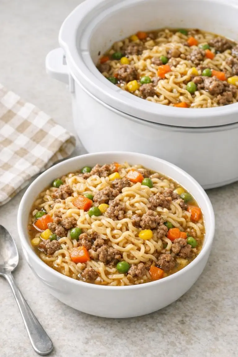 Delicious Slow Cooker Beef Ramen Casserole topped with fresh vegetables