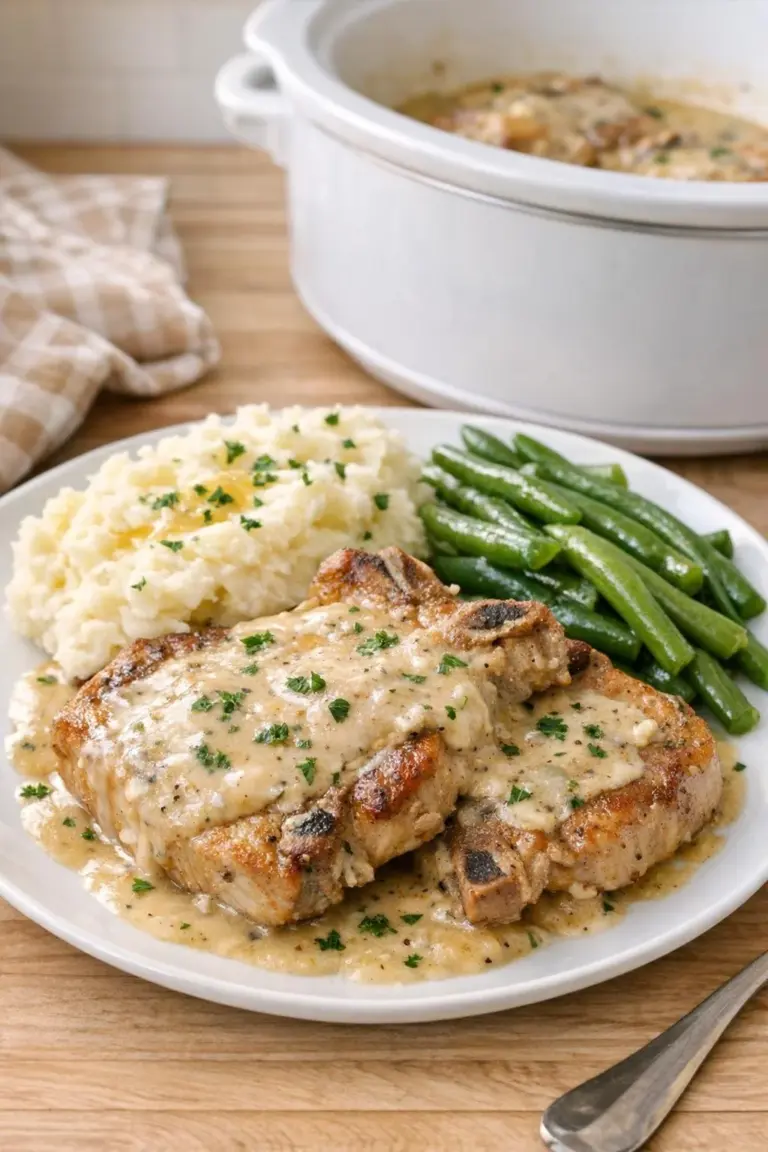 Slow cooker butter smothered pork chops with herbs and spices.
