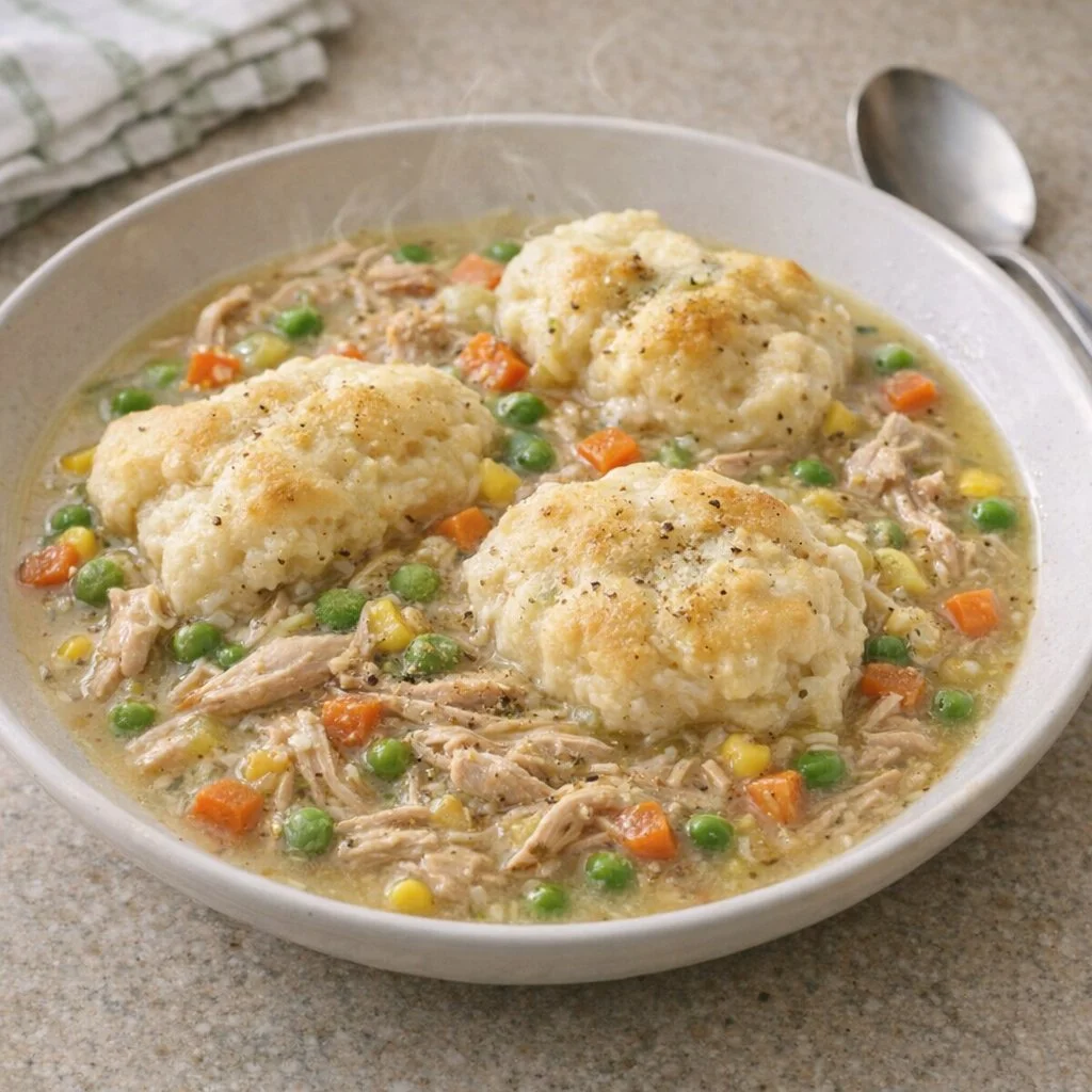 Slow Cooker 5-Ingredient Chicken and Biscuits served in a bowl