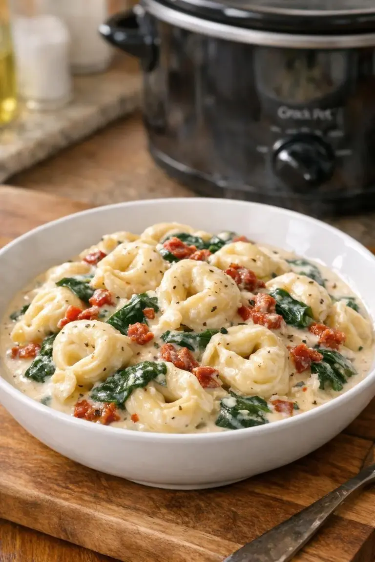 Bowl of creamy Tuscan tortellini with herbs and cheese, made in a slow cooker.