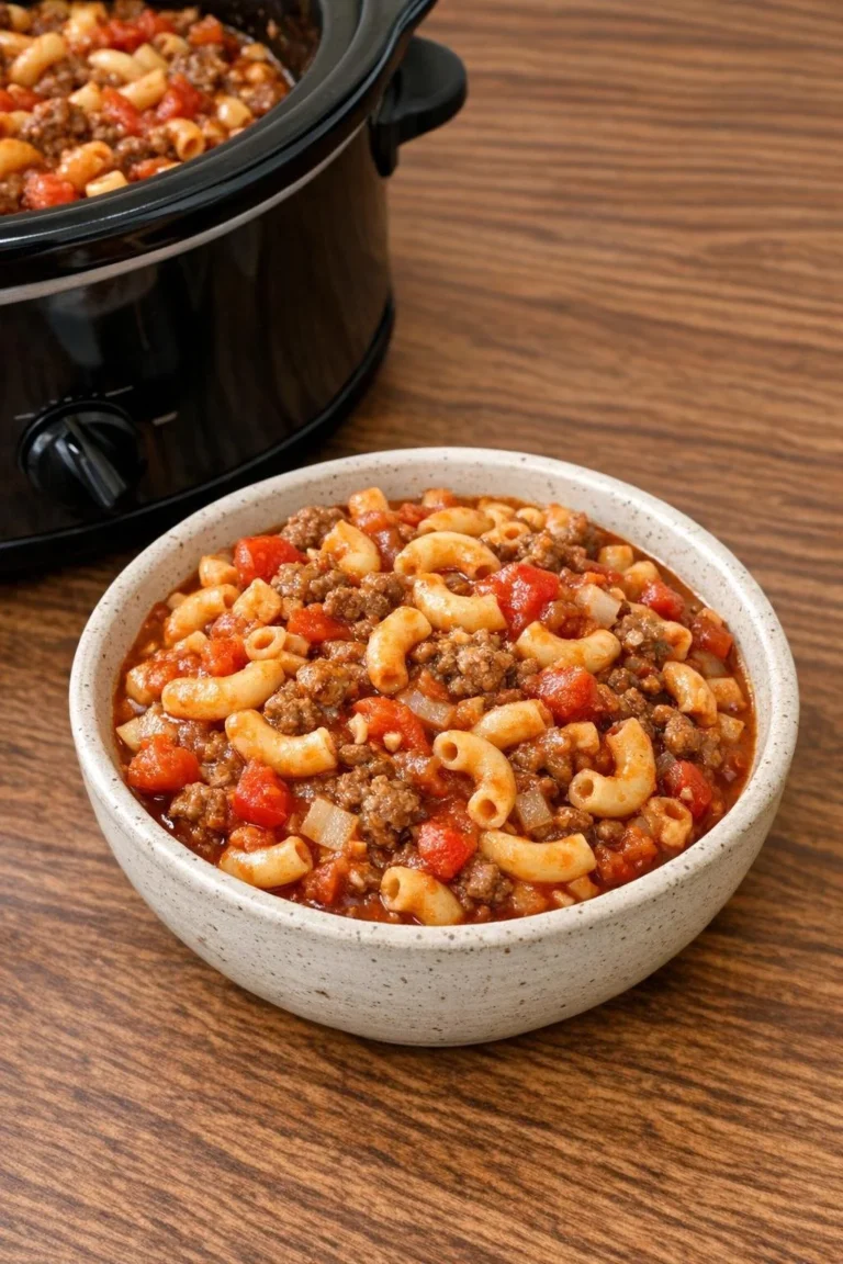 A bowl of hearty 5-Ingredient Depression Stew cooked in a slow cooker.