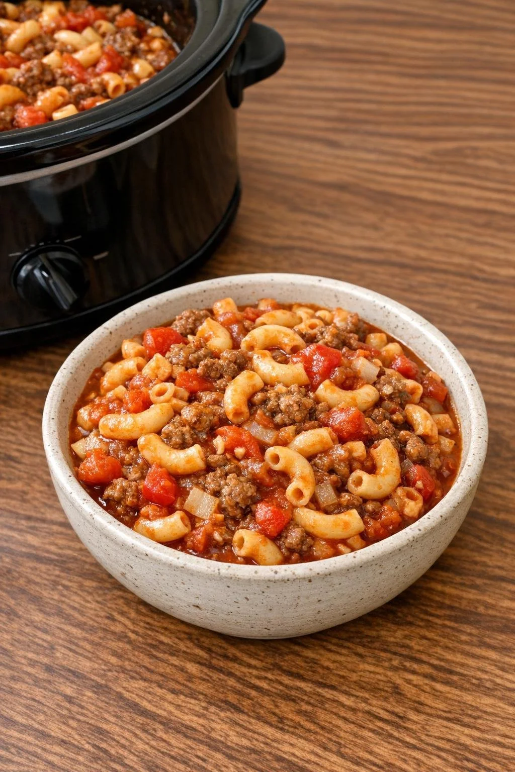 A bowl of hearty 5-Ingredient Depression Stew cooked in a slow cooker.