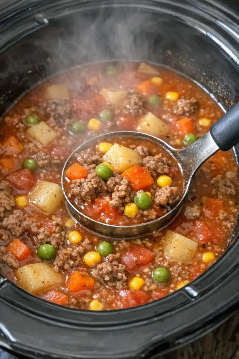 Bowl of slow cooker 5-ingredient hamburger soup topped with parsley