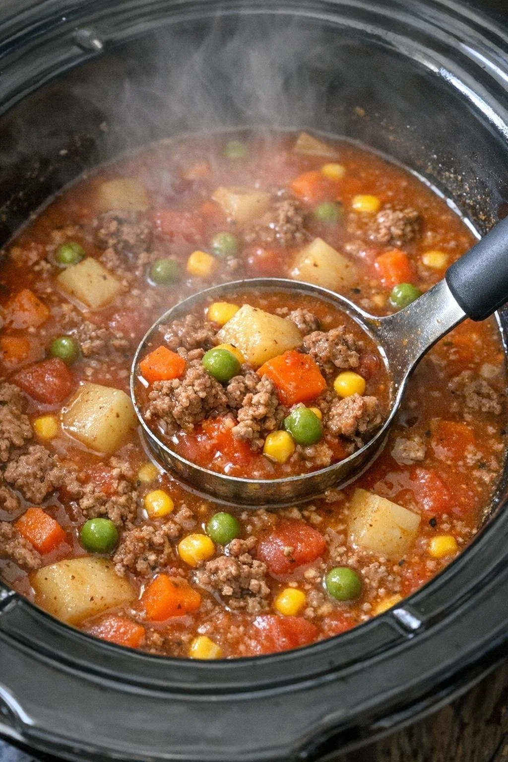 Bowl of slow cooker 5-ingredient hamburger soup topped with parsley