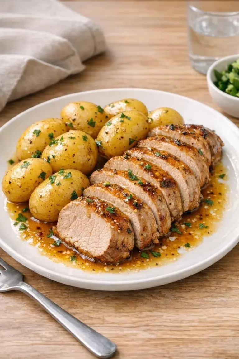 Slow cooker honey mustard pork tenderloin with potatoes in a serving dish