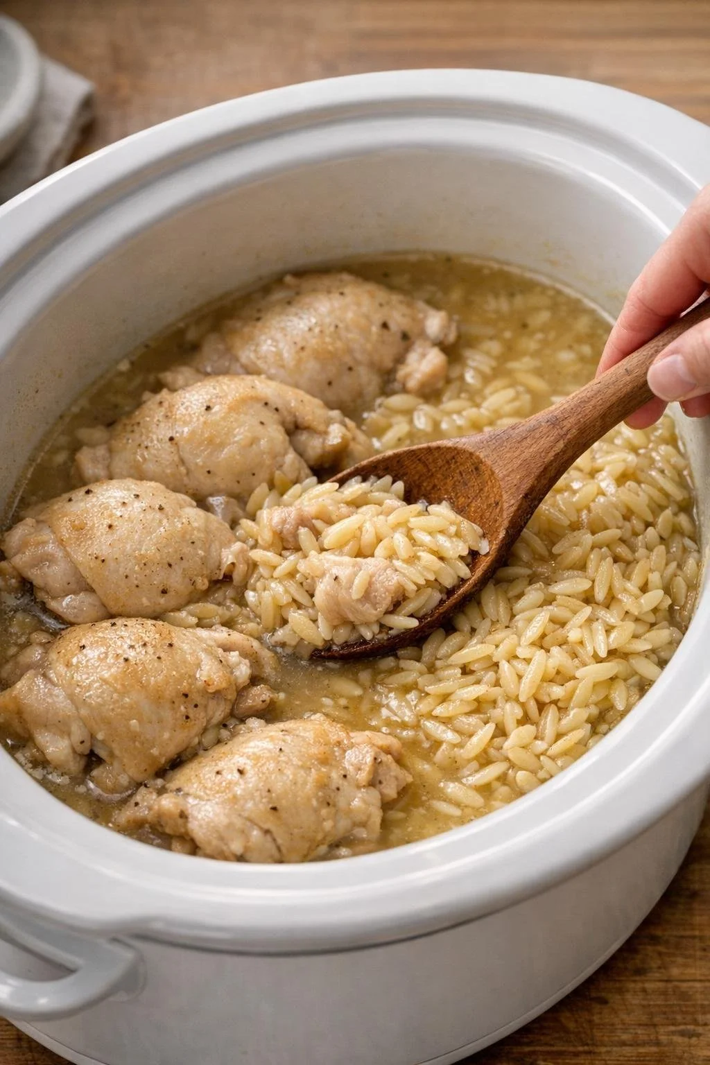 Slow cooker 5-ingredient lemon chicken with orzo pasta dish