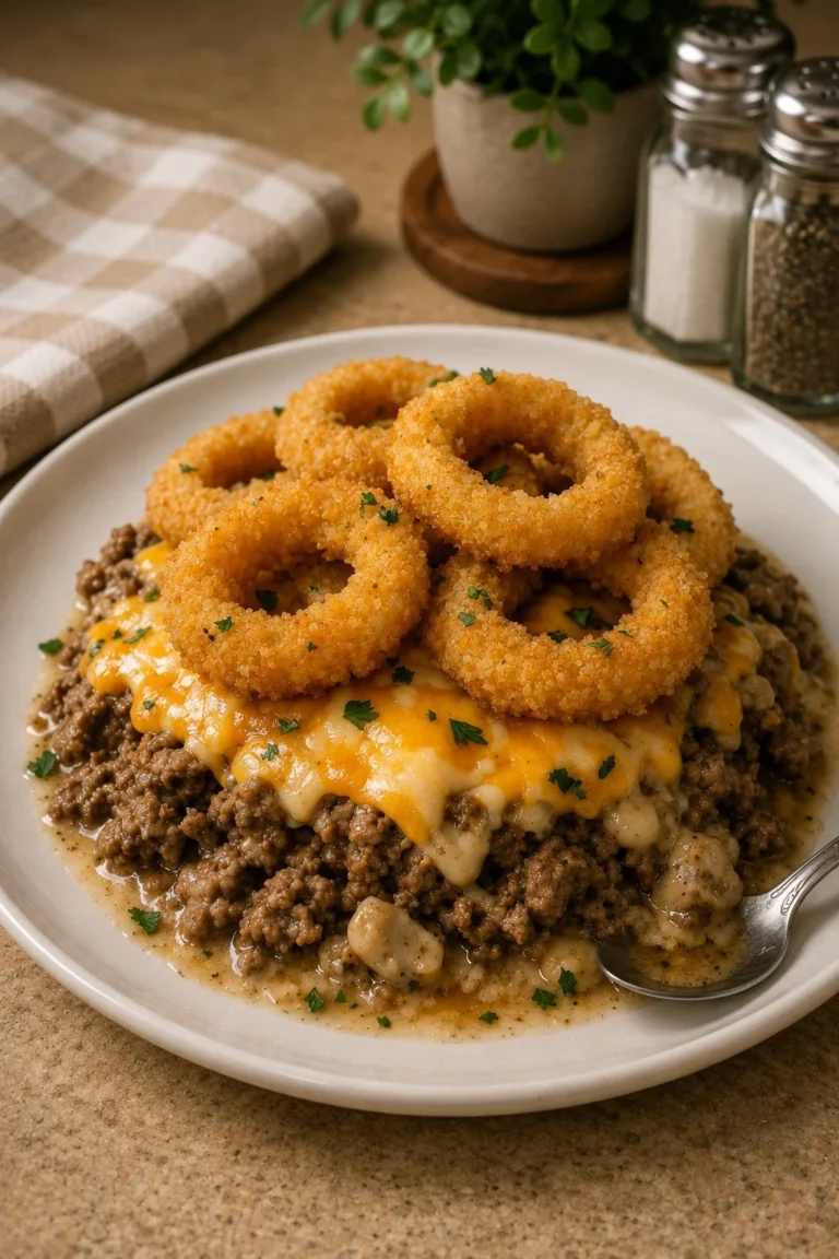 Delicious slow cooker onion ring beef bake made with just 5 ingredients.