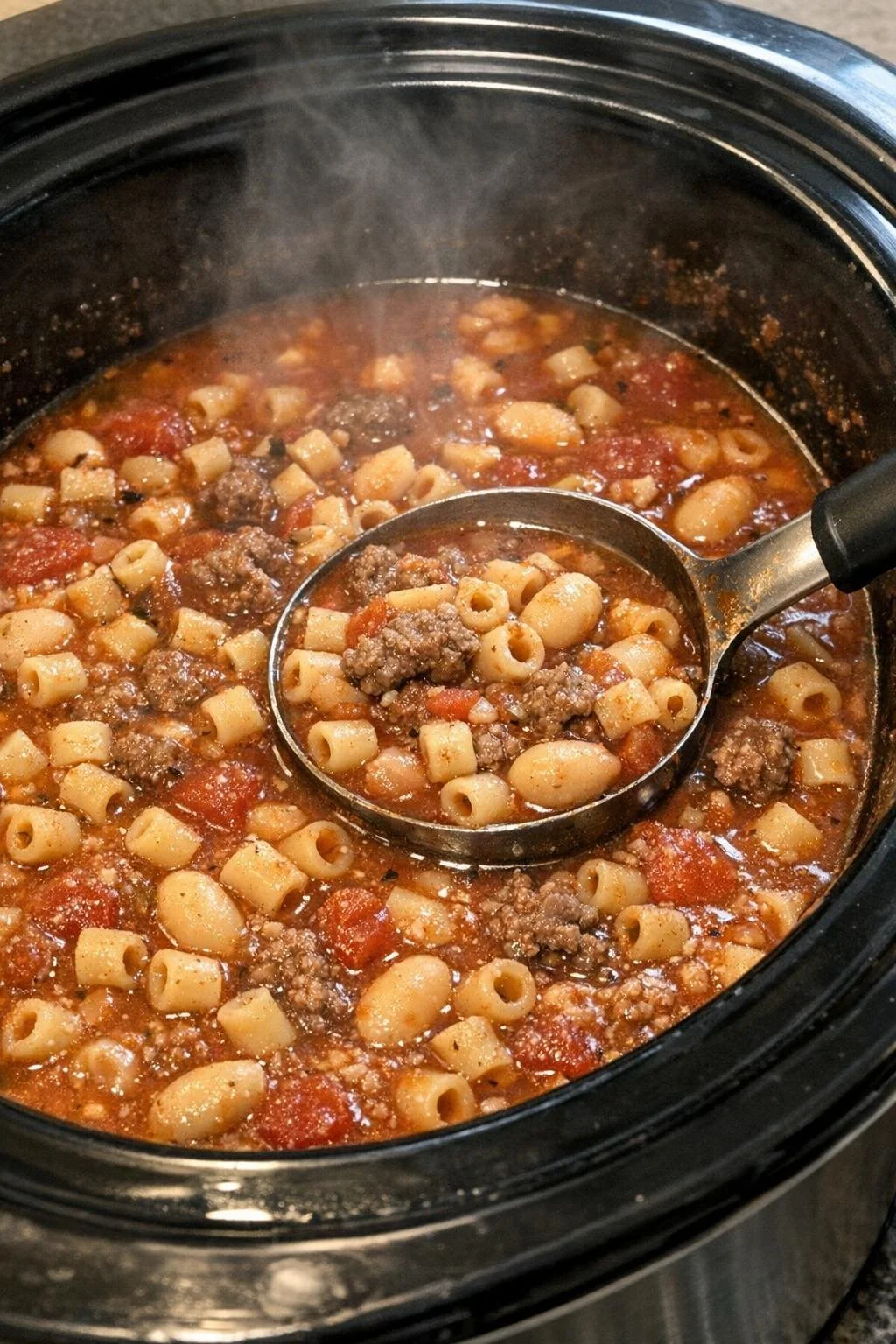 Delicious slow cooker Pasta e Fagioli soup made with 5 simple ingredients