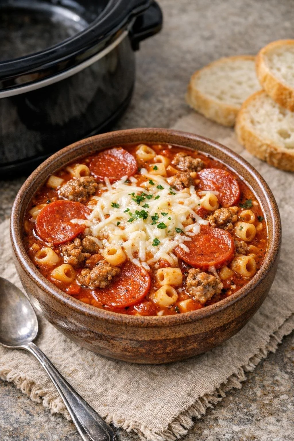 Delicious slow cooker 5-ingredient pizza soup in a bowl with toppings.