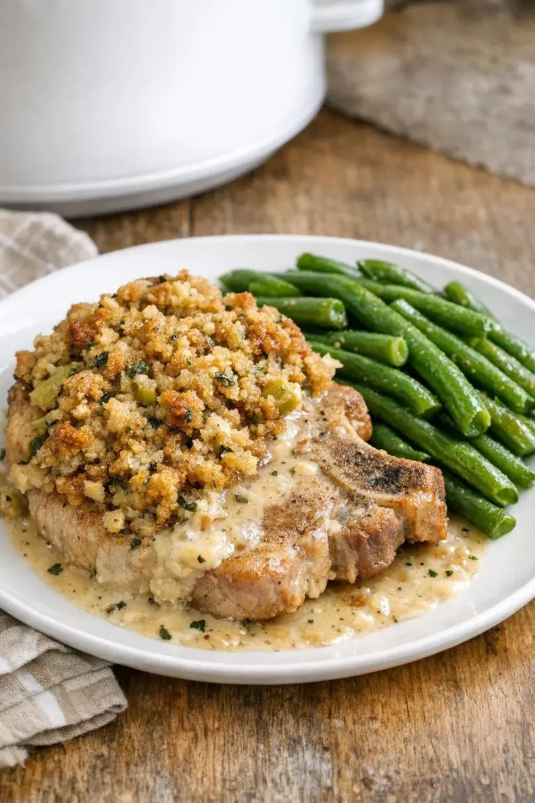 Slow cooker 5-ingredient pork chop and stuffing bake served on a plate
