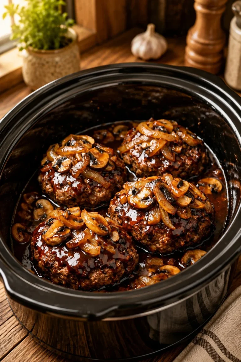 Delicious slow cooker steakhouse burgers made with 5 simple ingredients.