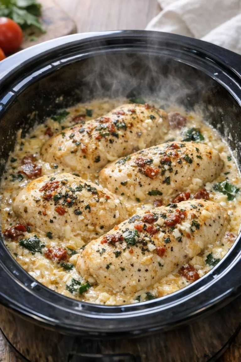 Slow Cooker 5-Ingredient Tuscan Chicken ingredients and final dish