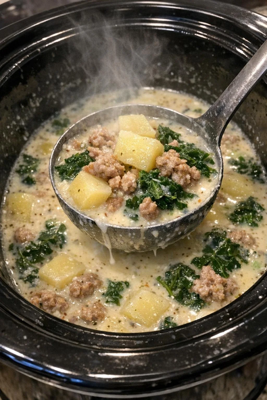 Bowl of Slow Cooker 5-Ingredient Tuscan Soup topped with fresh herbs