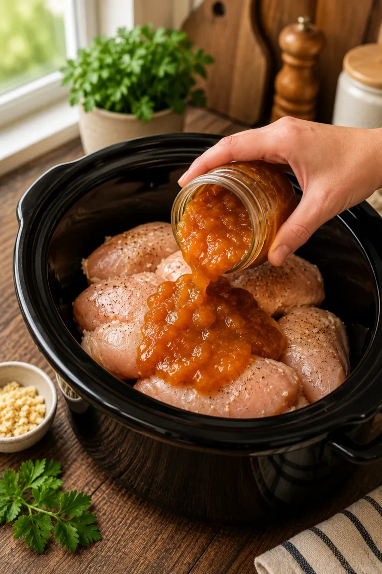 Slow Cooker Amish Apricot Chicken served over white rice with a sweet and savory apricot sauce.