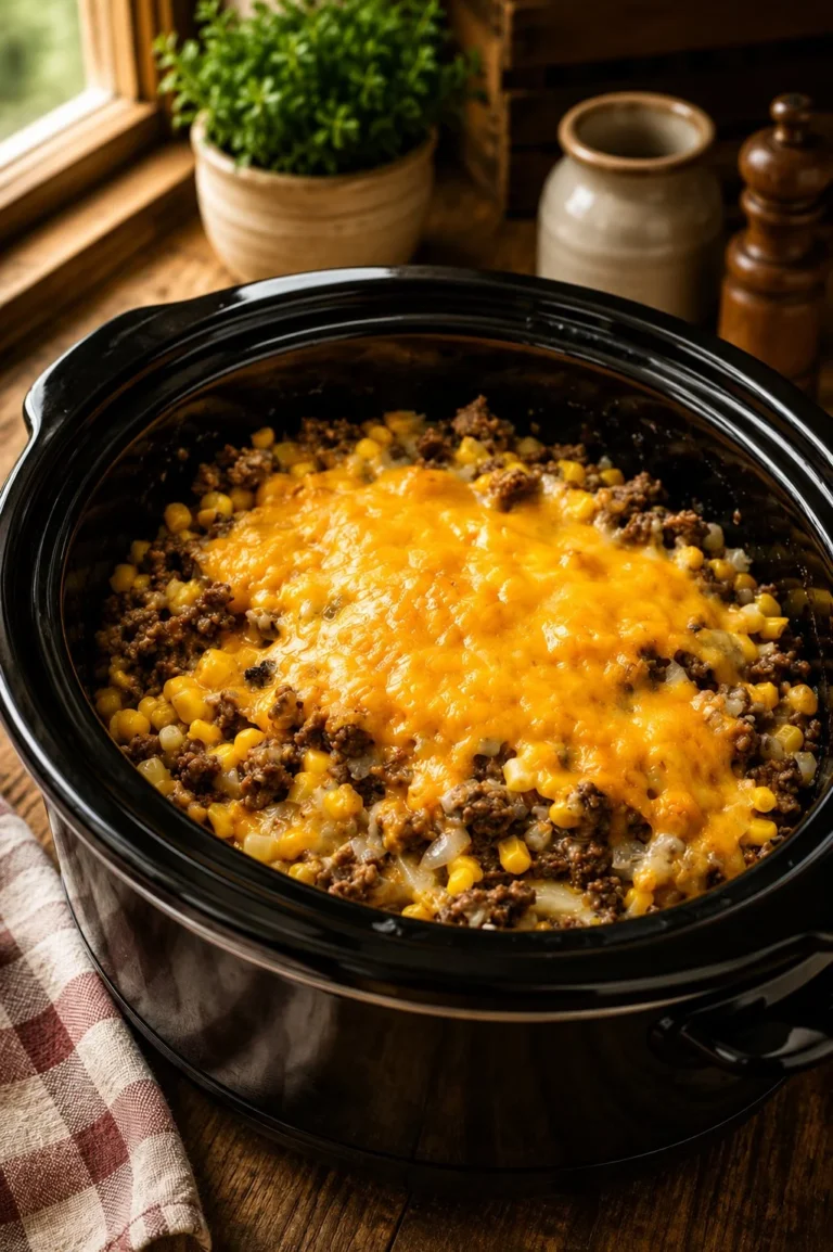 Slow Cooker Amish Beef and Corn Casserole in a serving dish