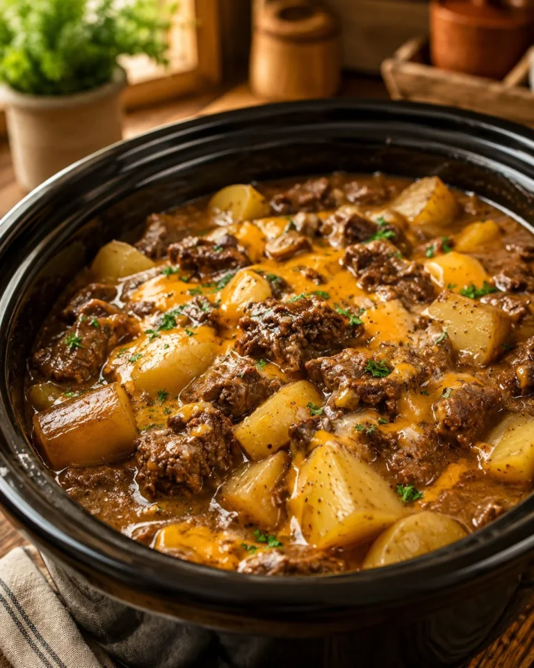 Slow cooker Amish beef and potato casserole with hearty ingredients