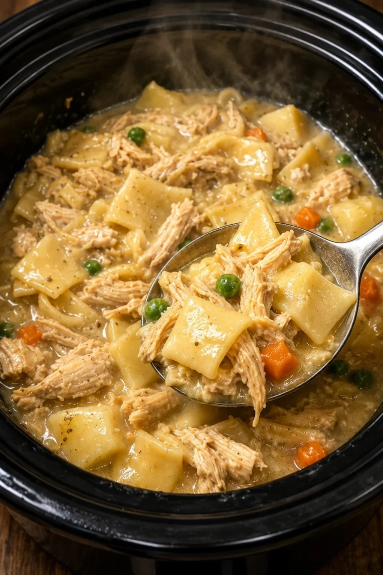 Slow Cooker Amish Chicken Pot Pie served in a rustic dish with vegetables.