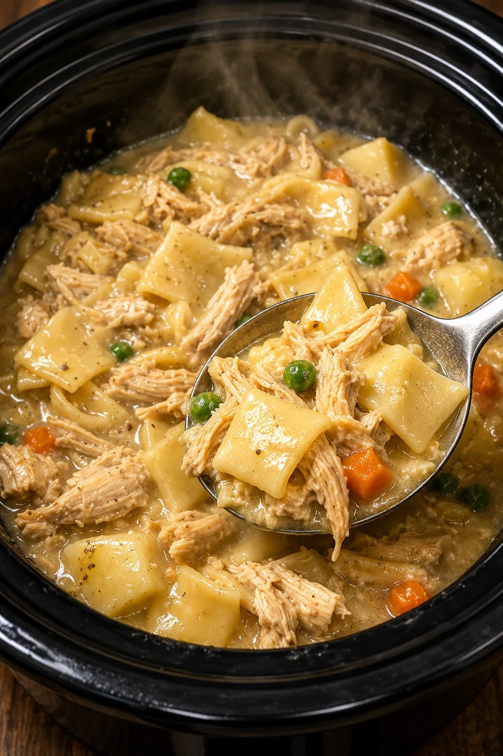 Slow Cooker Amish Chicken Pot Pie served in a rustic dish with vegetables.