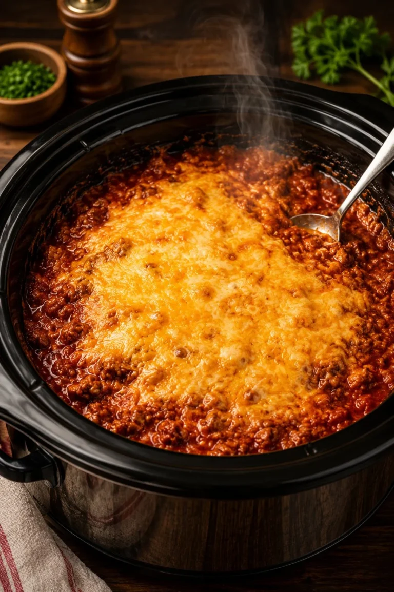 Slow cooker Amish Country tomato beef casserole ready to serve.