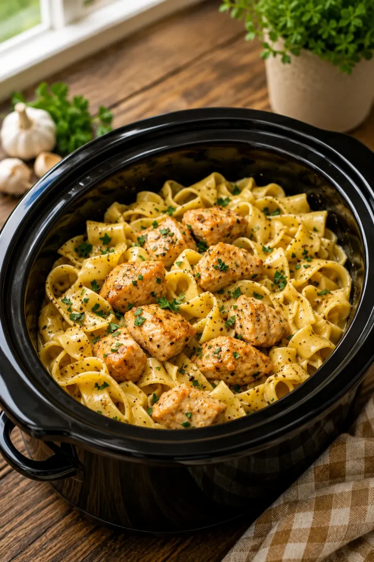Slow Cooker Amish Garlic Butter Chicken Noodles served in a bowl with tender chicken, buttery garlic sauce, and wide egg noodles.
