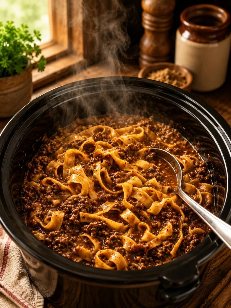 Slow cooker Amish ground beef gravy noodles dish served in a bowl