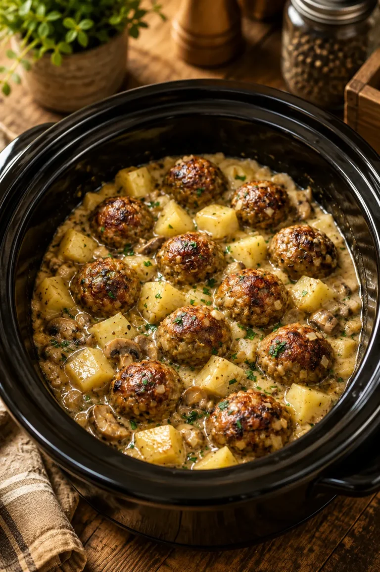 Delicious slow cooker Amish meatball stew served in a bowl with fresh herbs
