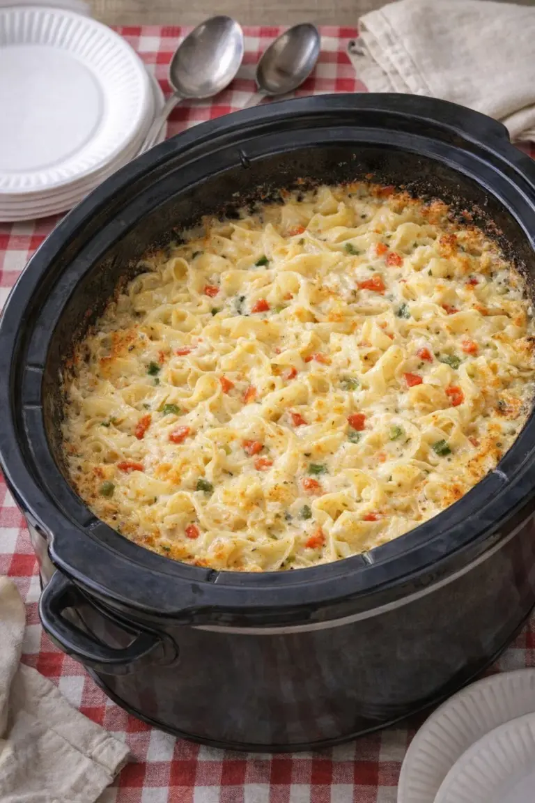 Slow Cooker Amish Pepper Jack Noodle Bake served in a dish with cheese topping.