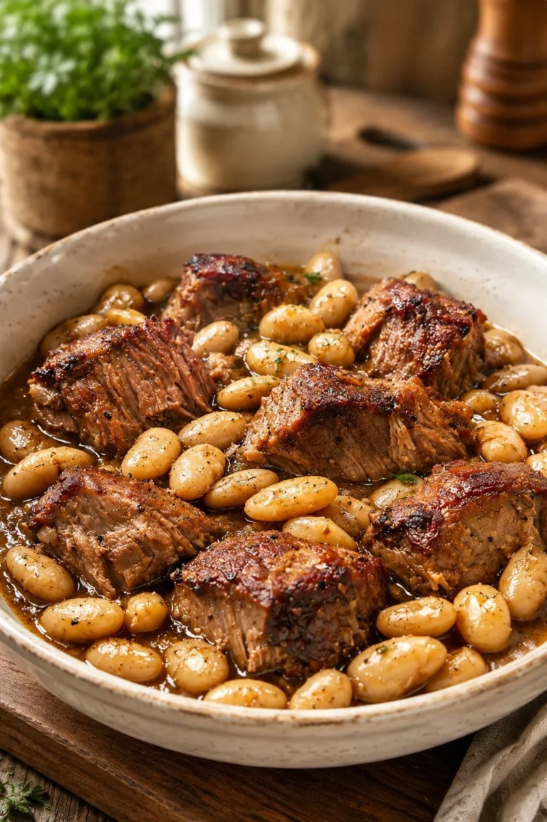 Slow Cooker Amish Pork and Butter Beans in a rustic bowl