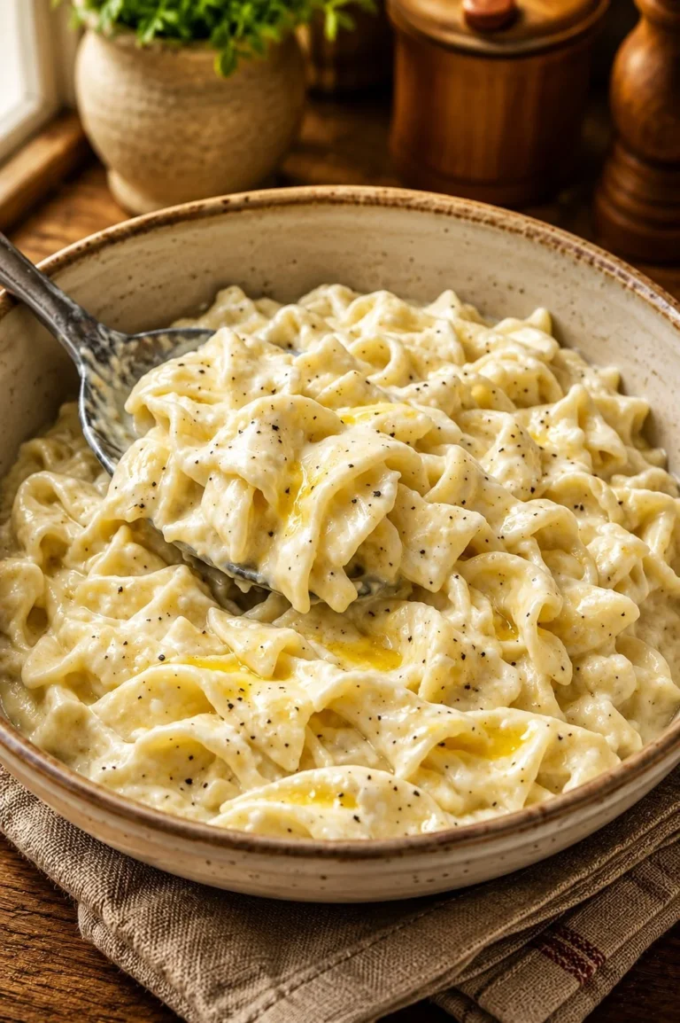 Slow Cooker Amish Sour Cream Noodles served in a bowl with garnish.