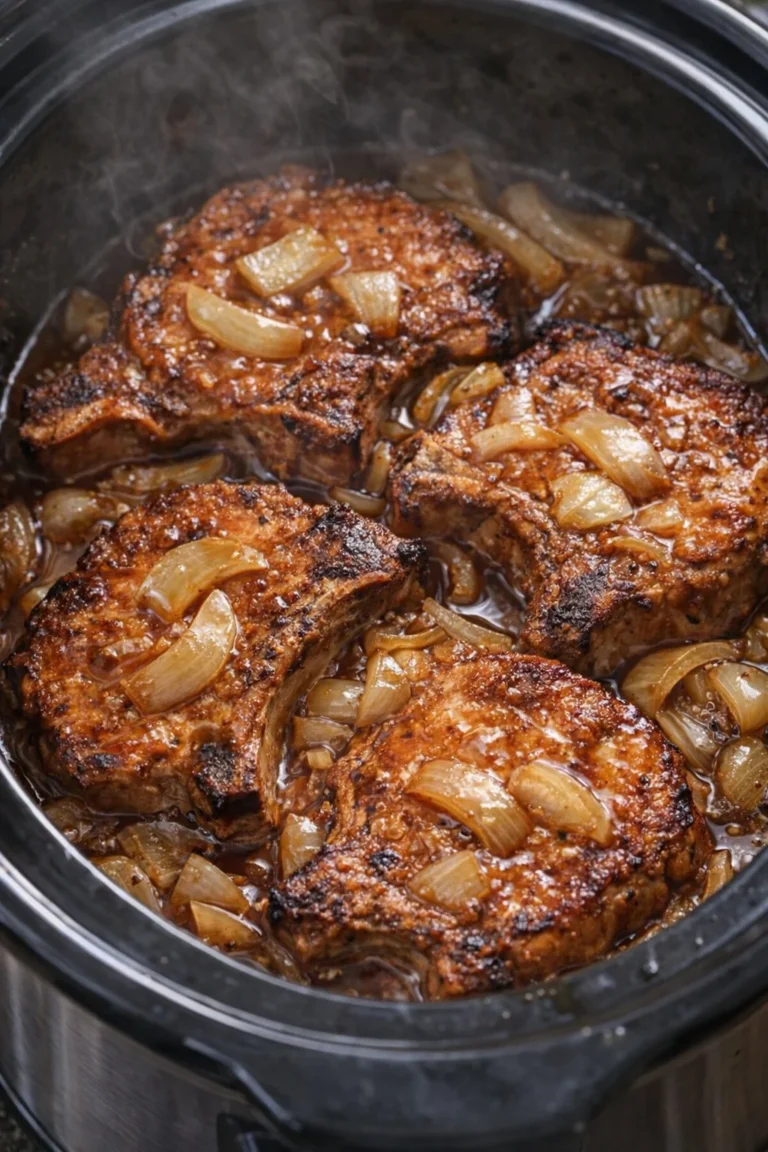 Slow Cooker Amish Sweet and Sour Pork Chops served with rice and vegetables
