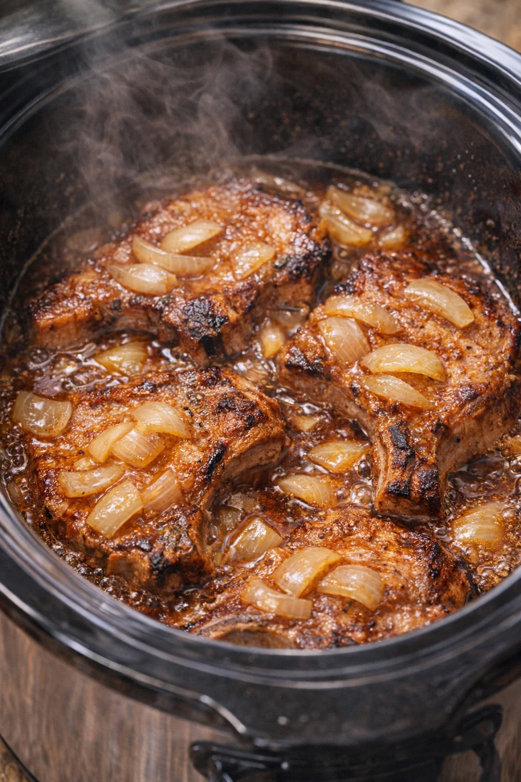 Pork chops simmering with onions and sweet and sour sauce in a slow cooker
