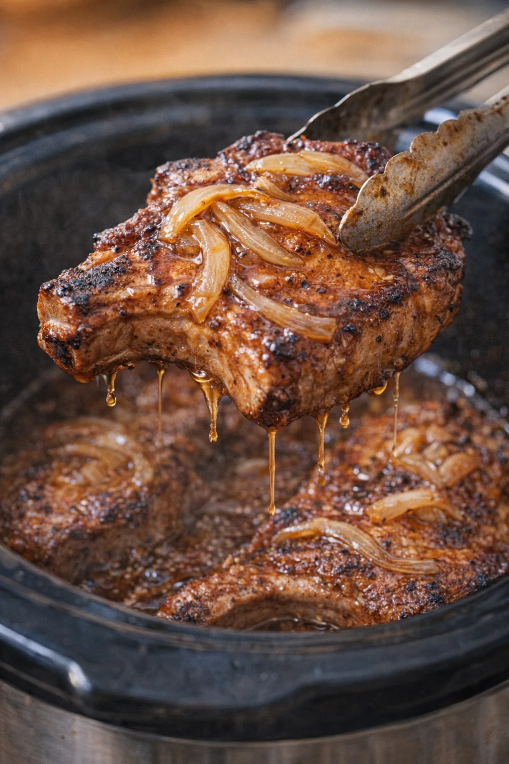 Tender pork chop lifted from the sweet and sour glaze