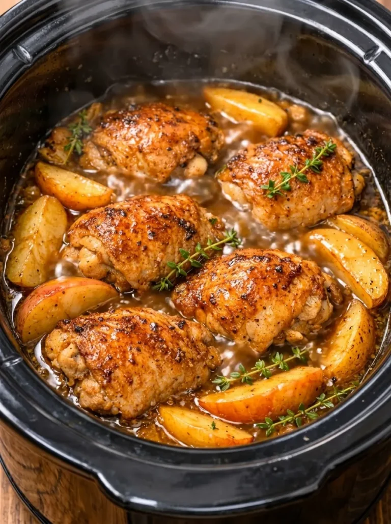 A vertical, top-down shot of a black slow cooker containing golden-brown seared chicken thighs and thick, caramelized apple wedges. The dish is submerged in a rich, bubbling amber glaze and garnished with several sprigs of fresh green thyme. Steam is visibly rising from the pot, emphasizing its warmth and freshness.