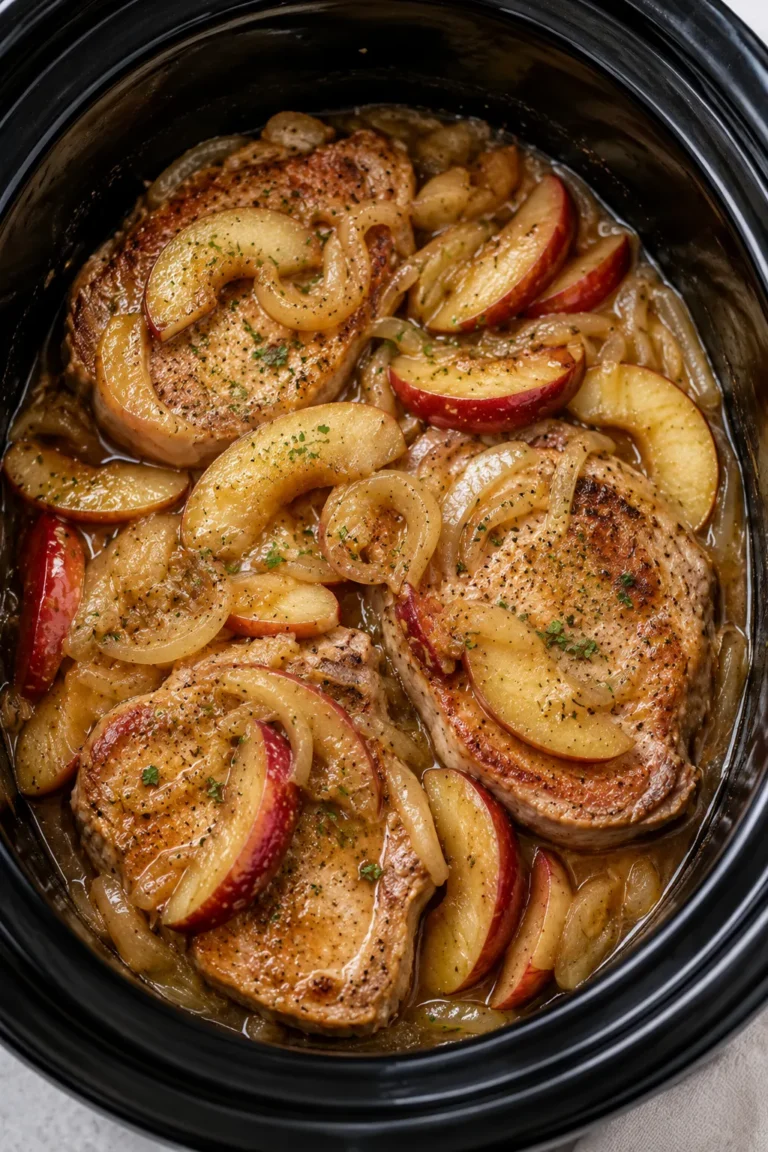 Slow cooker apple pork chops with sliced apples and onions in a rich savory sauce.