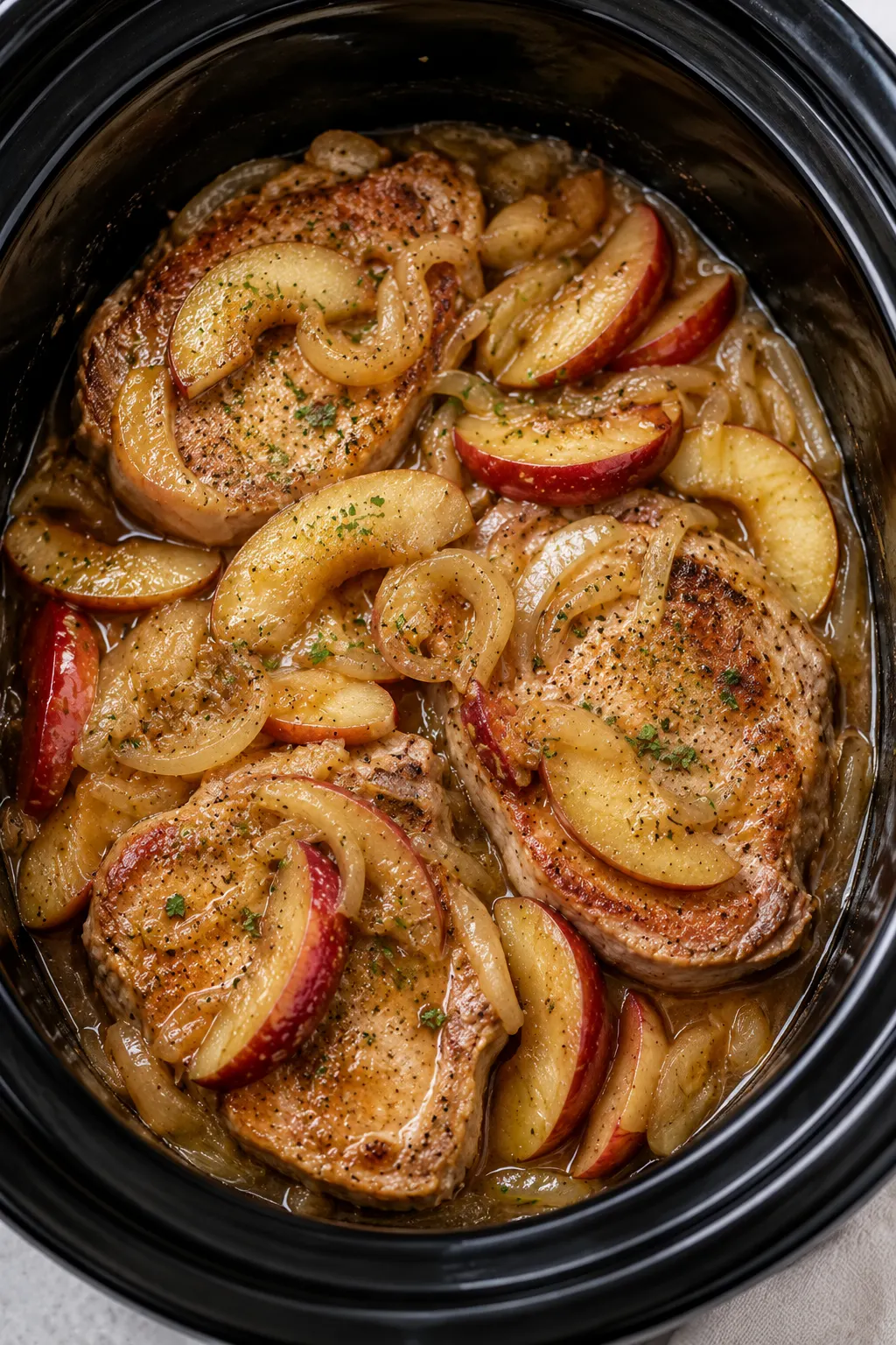 Slow cooker apple pork chops with sliced apples and onions in a rich savory sauce.